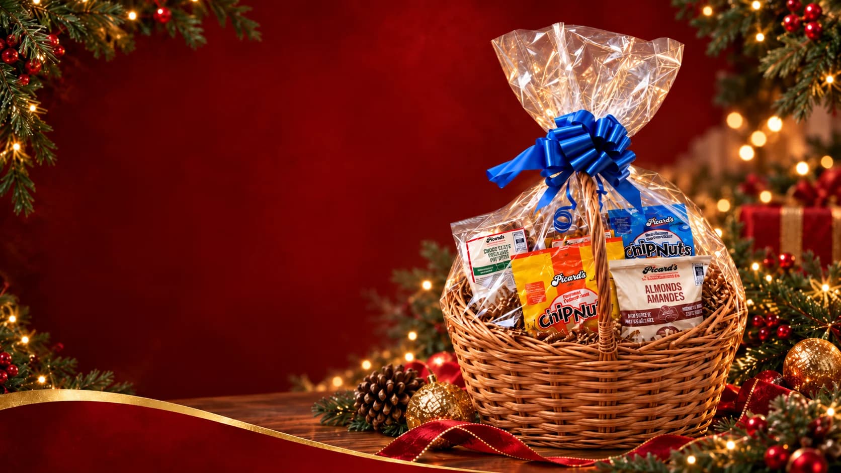 A wicker gift basket wrapped in cellophane with a blue bow, filled with Picard's Chip Nuts, almonds and peanut brittle, among Christmas lights and ornaments