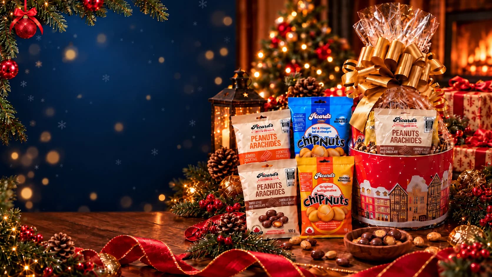 A Picard's holiday tin wrapped in cellophane with a gold bow, beside bags of Chip Nuts, Jumbo Cocktail peanuts and milk chocolate peanuts, among Christmas lights and ornaments