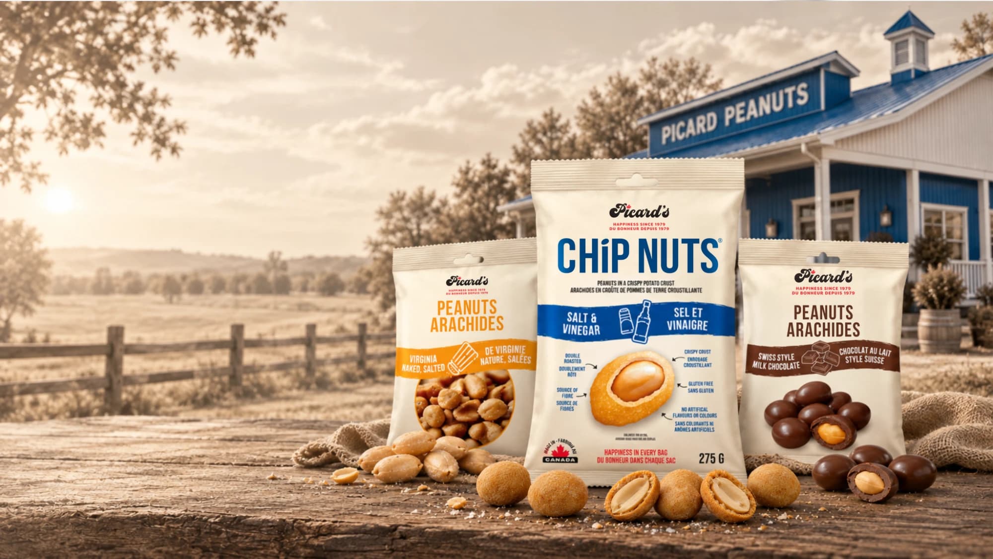 Picard's Salt and Vinegar Chip Nuts with salted Virginia peanuts and milk chocolate peanuts on a wooden table in front of a Picard's Blue Barn