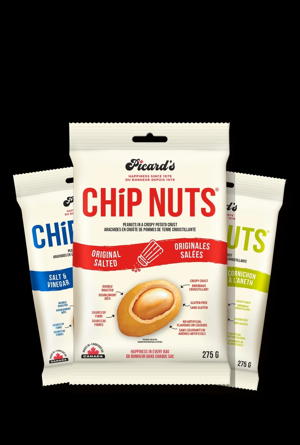 Three 275 g bags of Picard's Chip Nuts: Original Salted, Salt and Vinegar and Dill Pickle