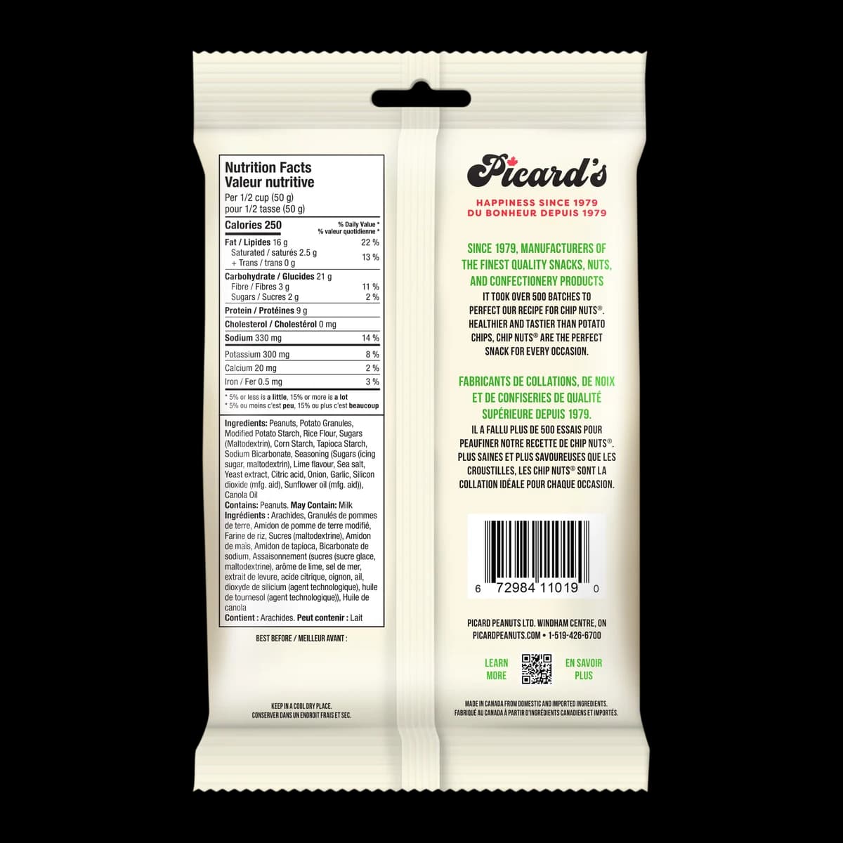 Back of the Margarita Chip Nuts® 275g pack, with the nutrition facts and ingredient list