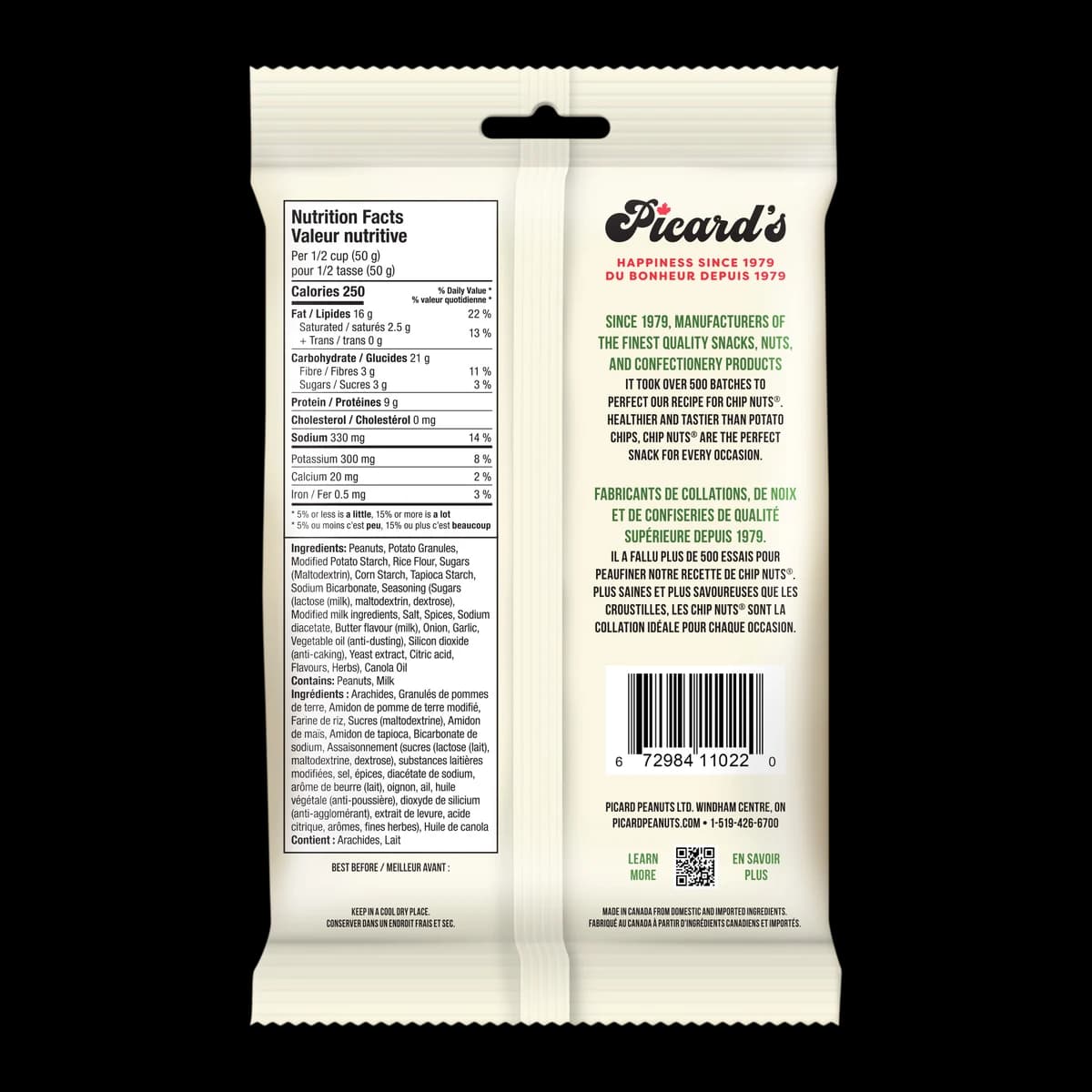 Back of the Spicy Dill Chip Nuts® 275g pack, with the nutrition facts and ingredient list