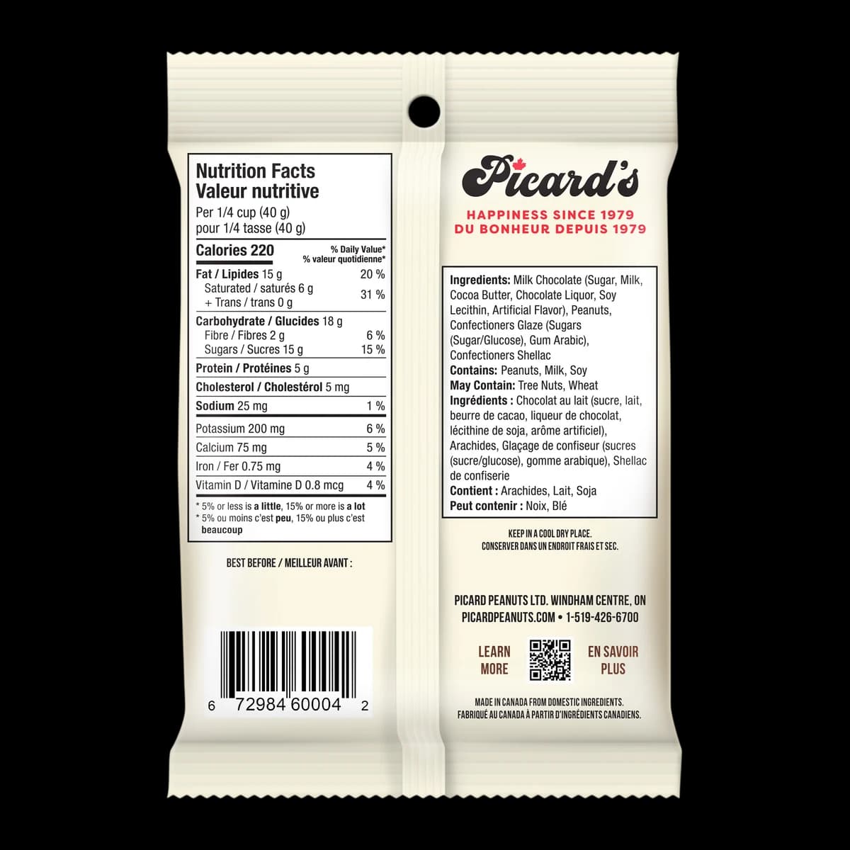 Back of the Milk Chocolate Peanuts 100g pack, with the nutrition facts and ingredient list