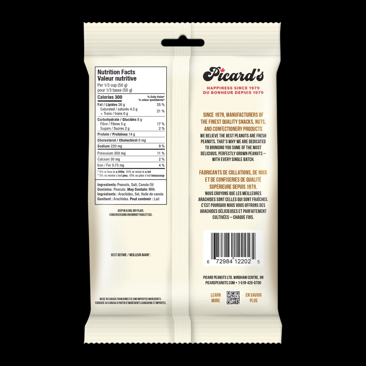 Back of the Salted Extra Fancy Virginia Peanuts 275g pack, with the nutrition facts and ingredient list