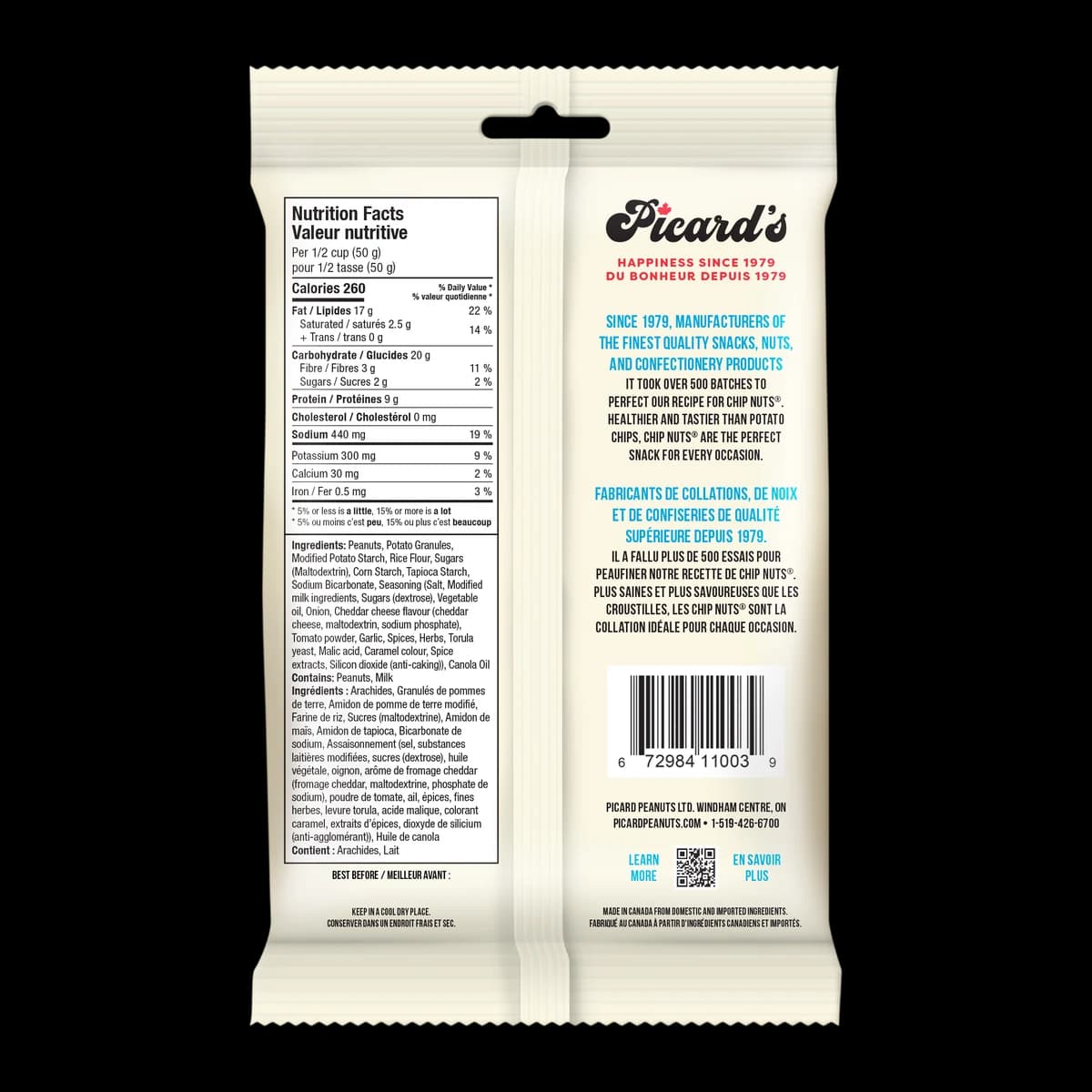Back of the Ranch Chip Nuts® 275g pack, with the nutrition facts and ingredient list