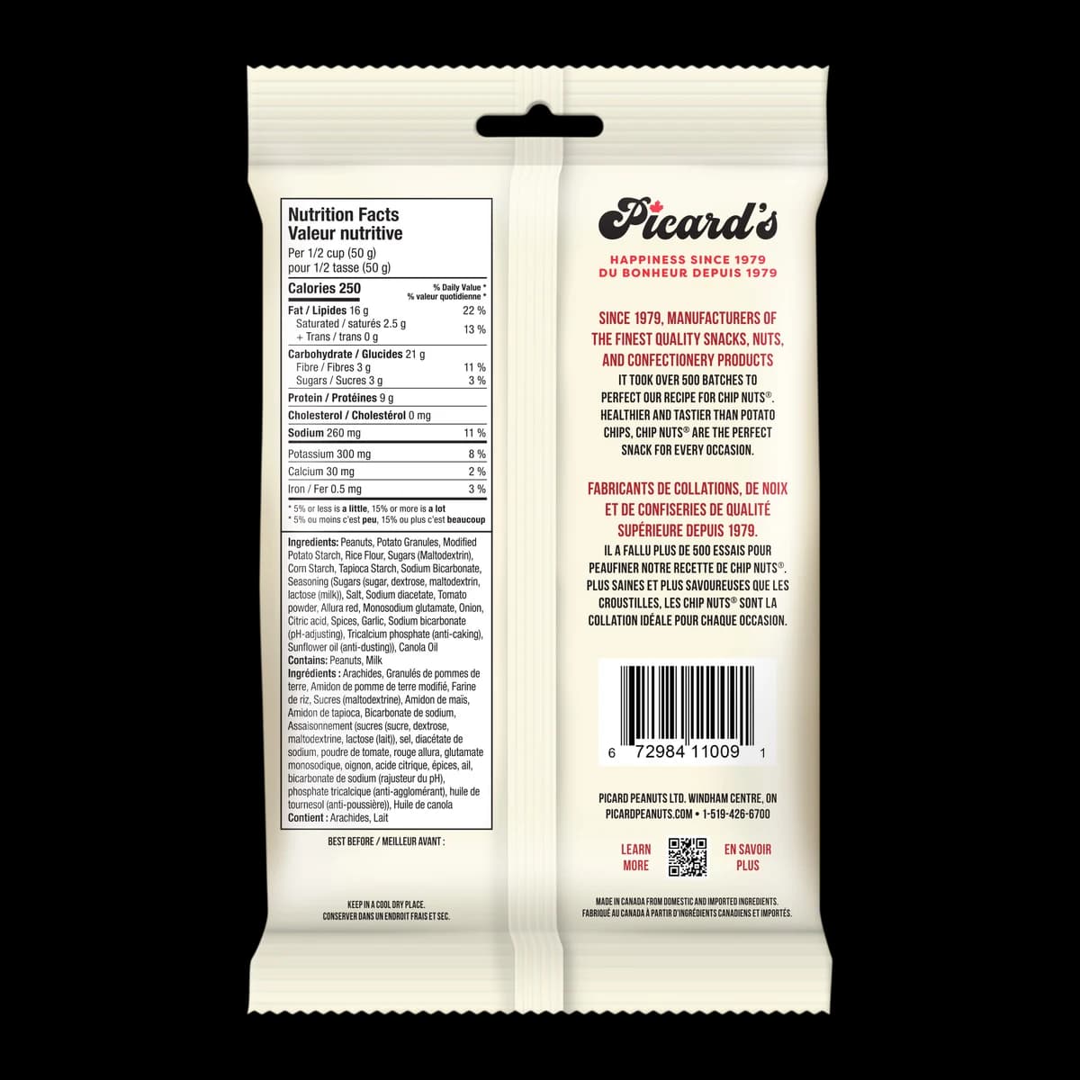 Back of the Ketchup Chip Nuts®275g pack, with the nutrition facts and ingredient list