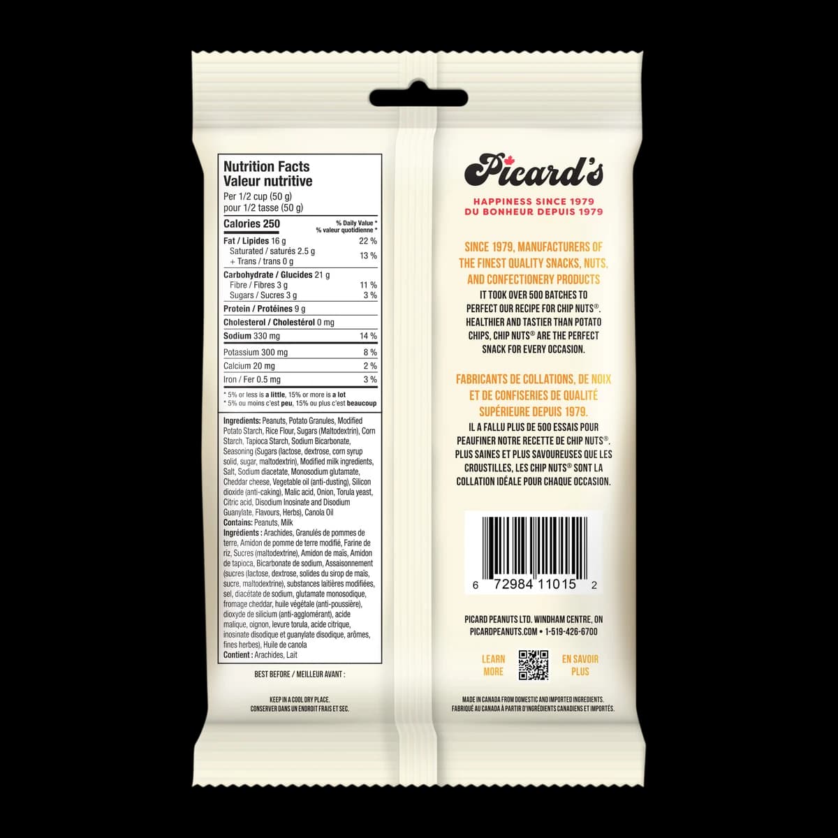 Back of the Cheesy Dill Chip Nuts® 275g pack, with the nutrition facts and ingredient list