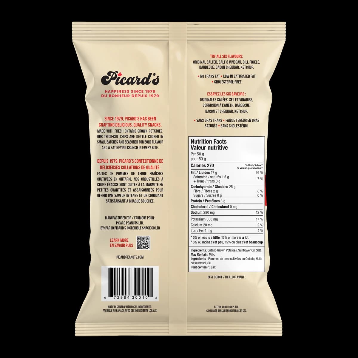 Back of the Original Salted Kettle Chips 220g pack, with the nutrition facts and ingredient list