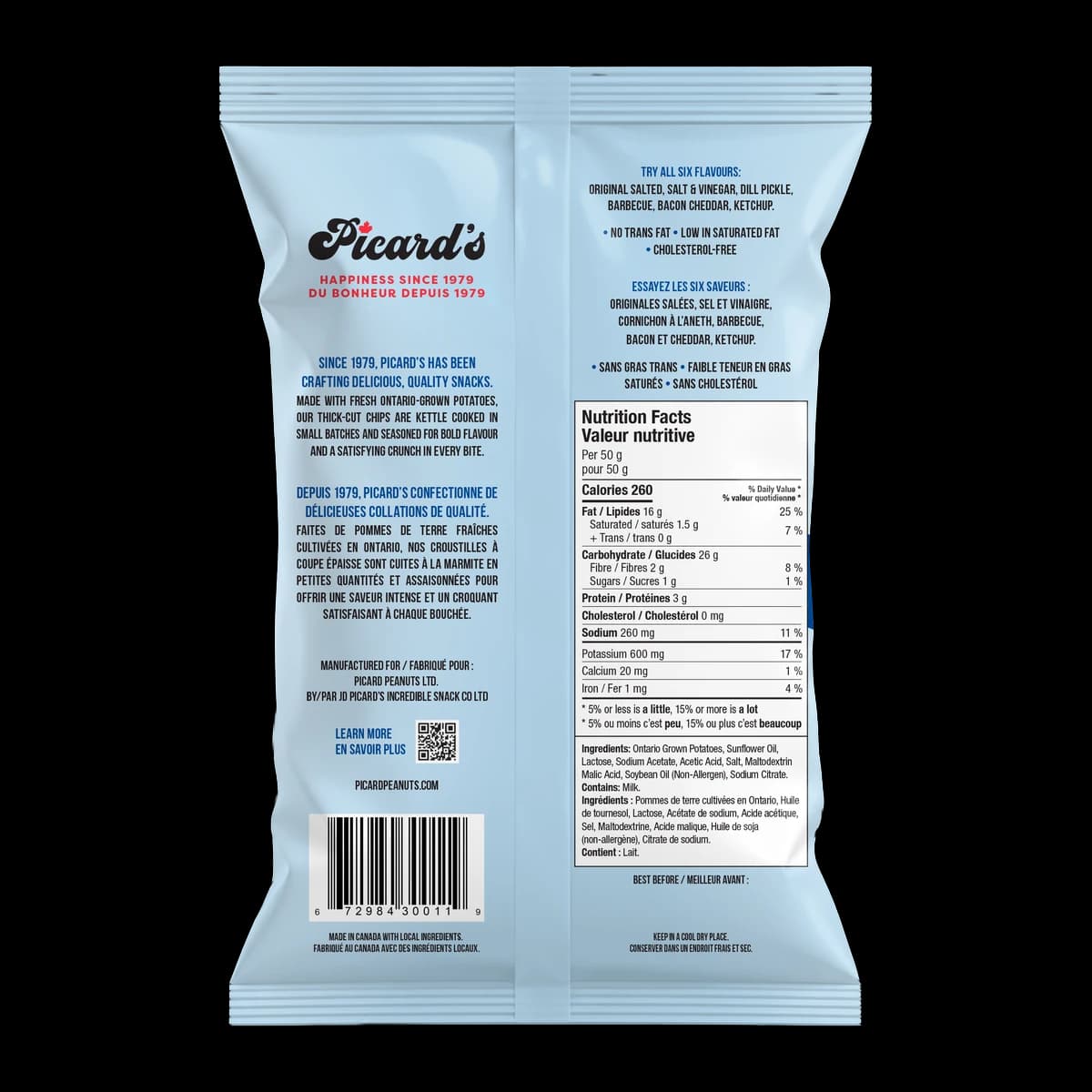 Back of the Salt & Vinegar Kettle Chips 220g pack, with the nutrition facts and ingredient list