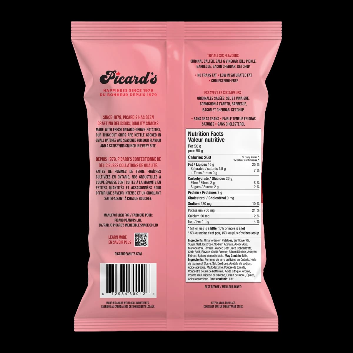Back of the Ketchup Kettle Chips 220g pack, with the nutrition facts and ingredient list