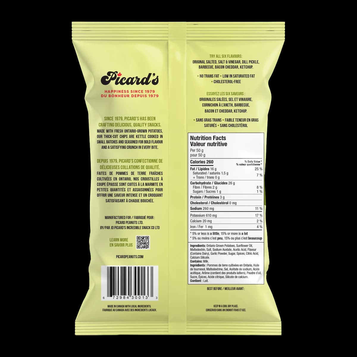 Back of the Dill Pickle Kettle Chips 220g pack, with the nutrition facts and ingredient list