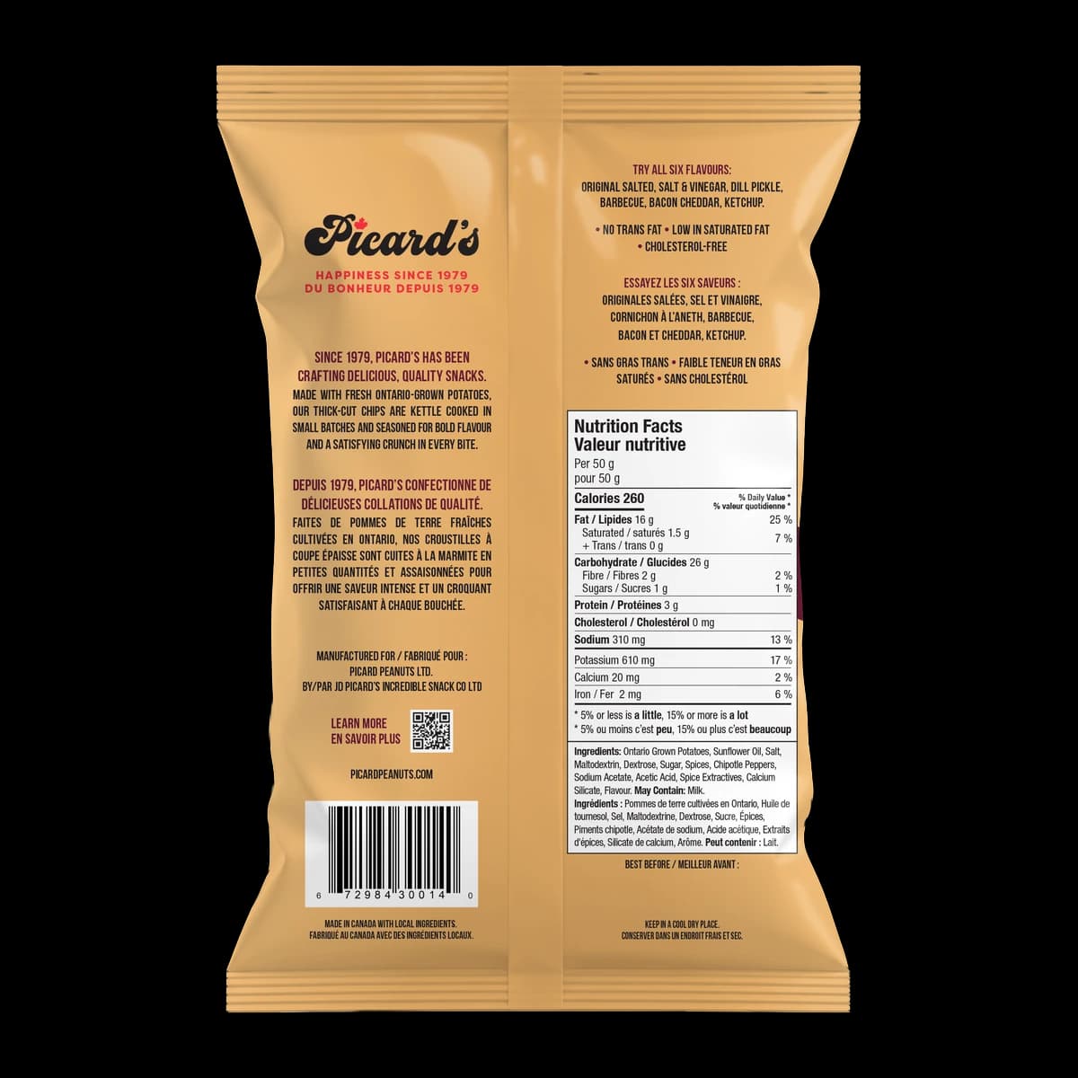 Back of the Barbecue Kettle Chips 220g pack, with the nutrition facts and ingredient list
