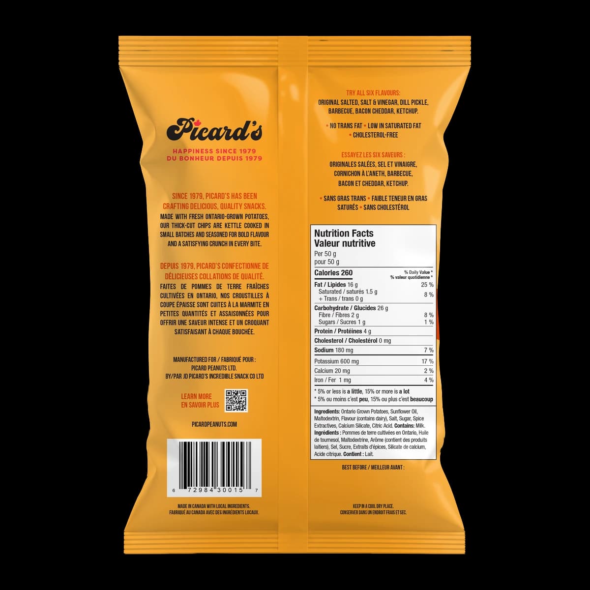 Back of the Bacon Cheddar Kettle Chips 220g pack, with the nutrition facts and ingredient list
